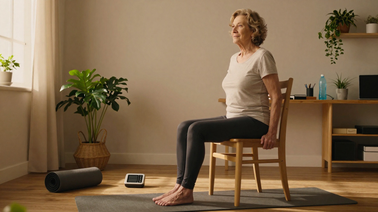 Mulher idosa fazendo exercício sentada em cadeira em sala iluminada com plantas e tapete de yoga.