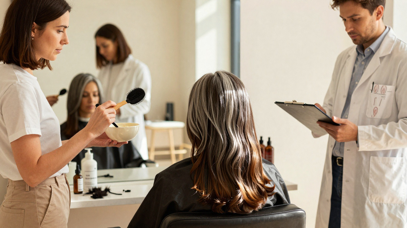 Mulher sentada em salão de beleza recebe análise de especialista enquanto profissional prepara cabelo para tratamento.