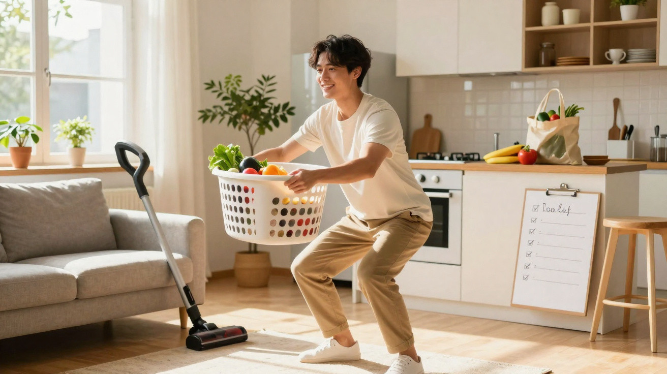 Homem feliz carregando cesta com legumes e verduras na sala integrada com cozinha iluminada.