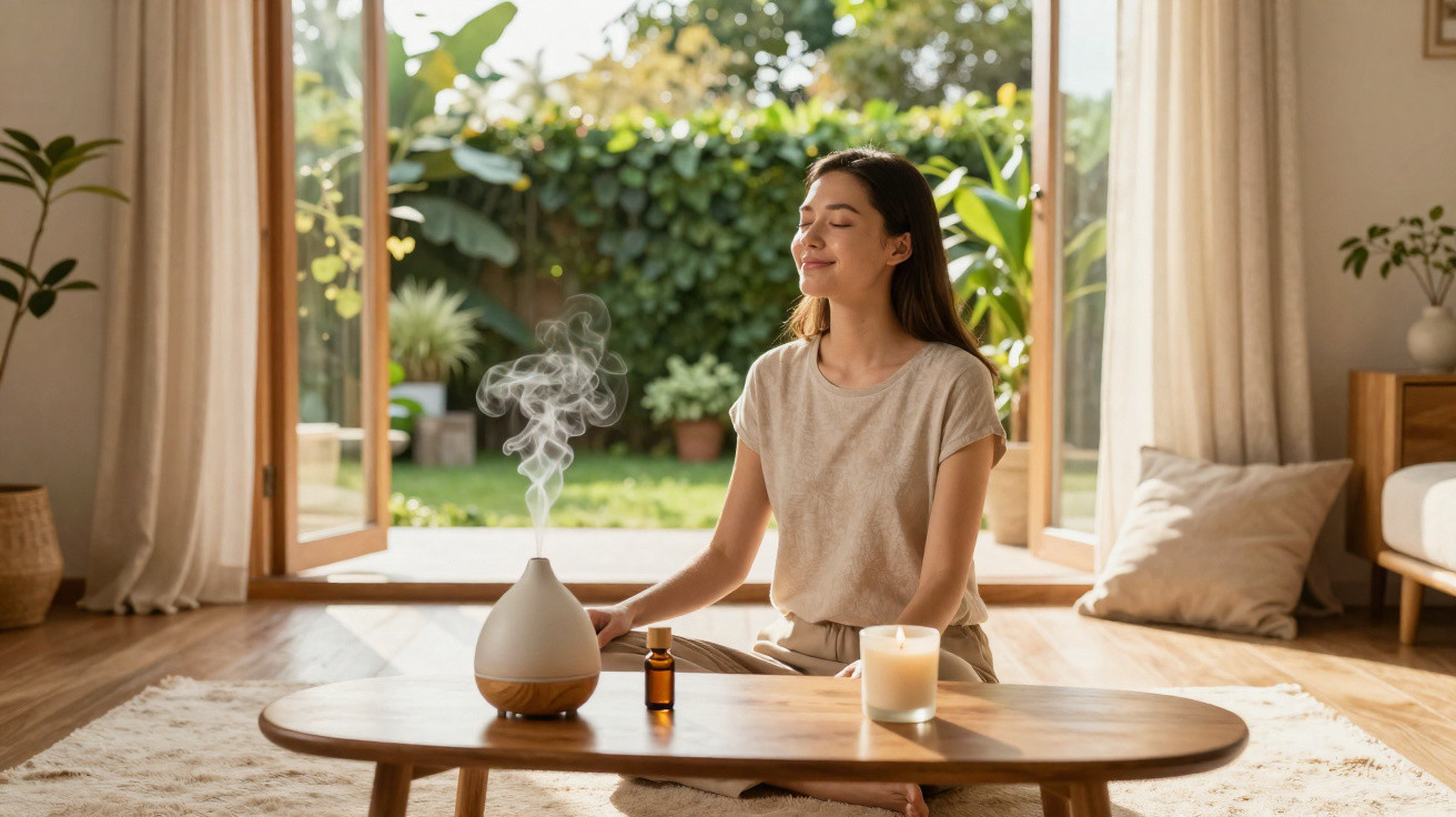 Mulher sentada no chão em posição de meditação, com difusor, vela e óleo essencial sobre mesa de madeira.