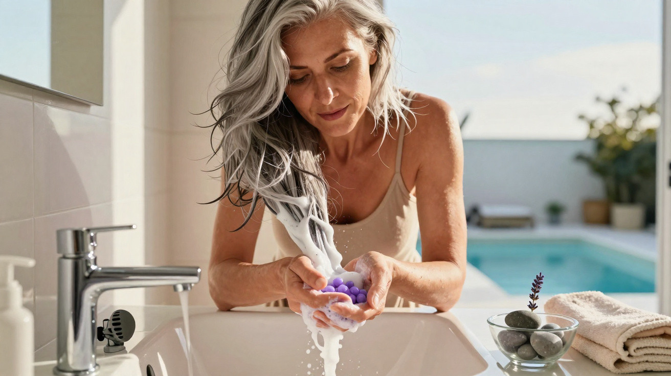 Mulher lavando o cabelo com bolinhas roxas em uma pia de banheiro iluminado.