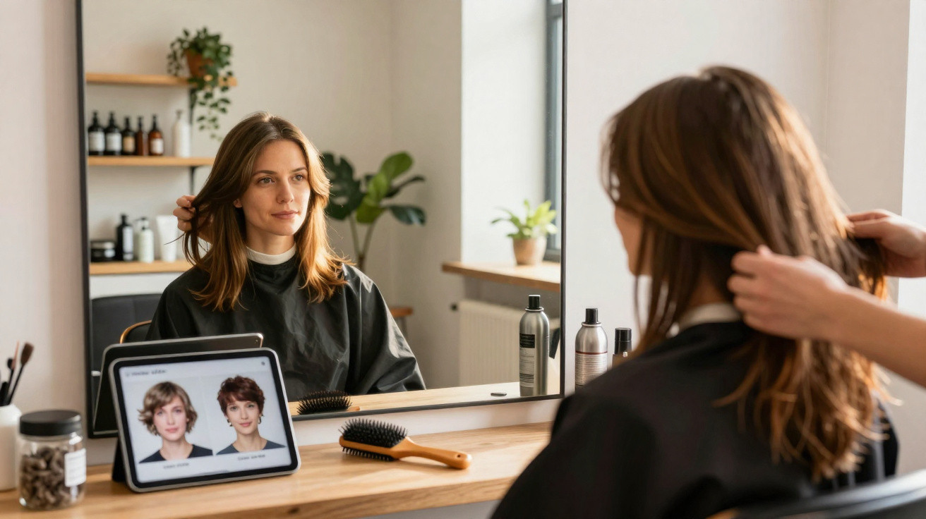 Mulher sentada em salão de beleza, olhando no espelho enquanto cabeleireiro ajeita seu cabelo castanho.