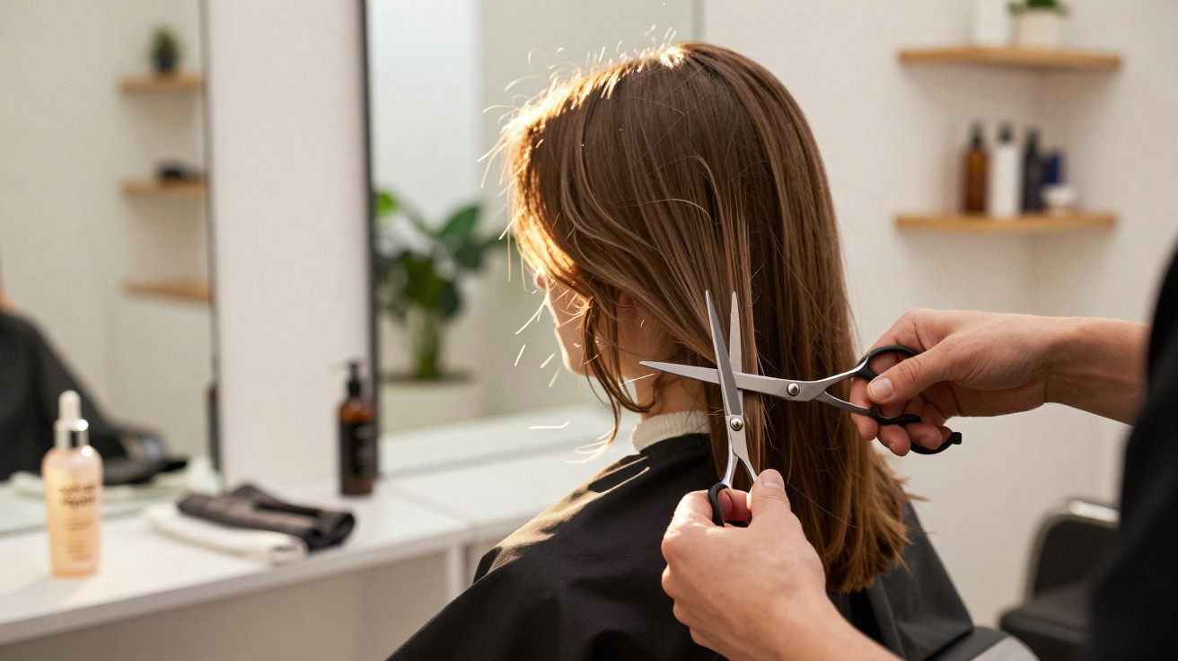 Pessoa recebendo corte de cabelo em salão, com cabelo preso por presilhas e mão segurando tesoura.
