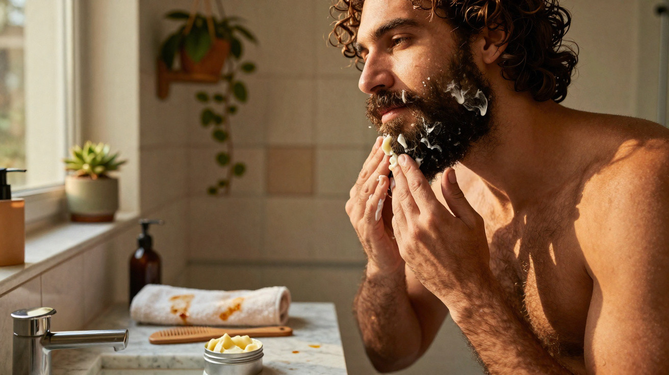 Homem barbeando a barba com navalha em banheiro iluminado por luz natural.