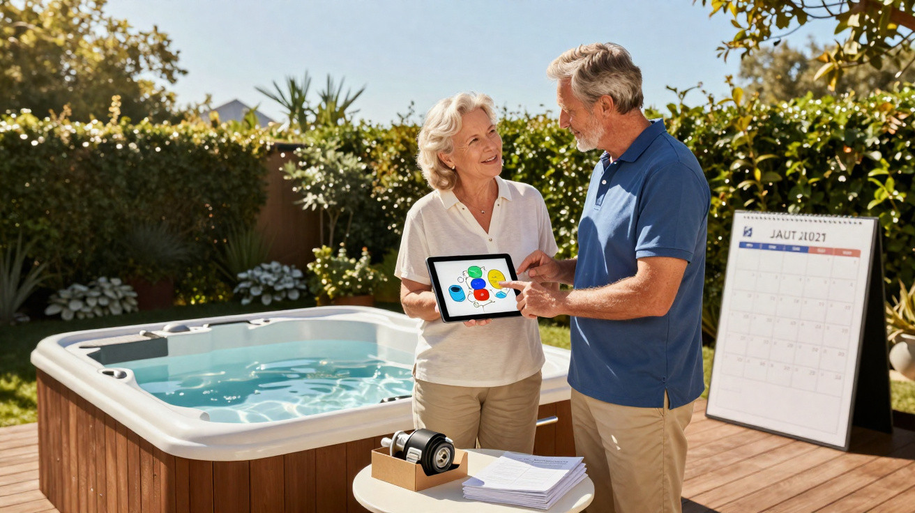 Casal idoso sorrindo e planejando manutenção de banheira de hidromassagem no jardim com tablet e calendário.