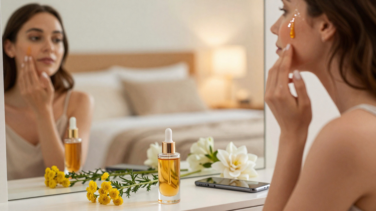 Mulher aplicando sérum facial com conta-gotas em frente ao espelho em ambiente confortável e iluminado.