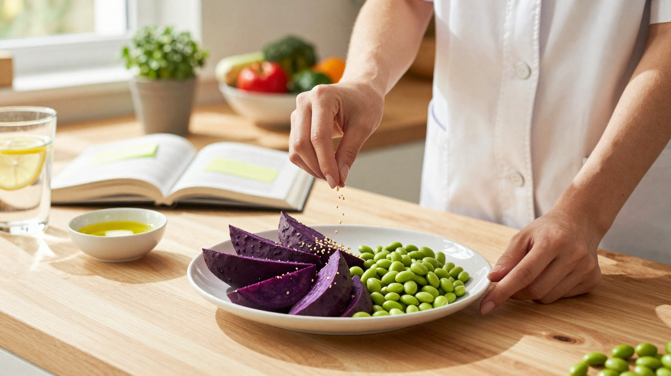 Pessoa temperando batata-doce roxa e edamame em prato branco sobre mesa de madeira.