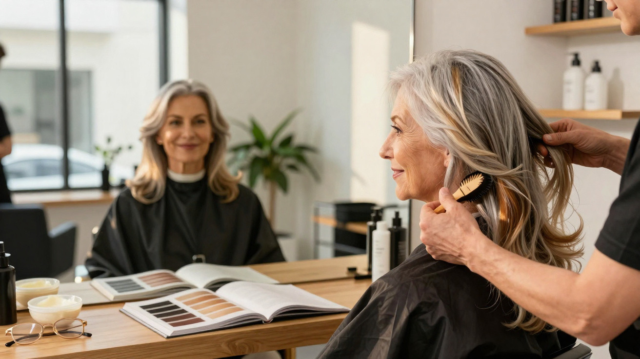 Mulher idosa sorrindo enquanto profissional penteia seu cabelo em salão moderno com livro de estilos aberto.