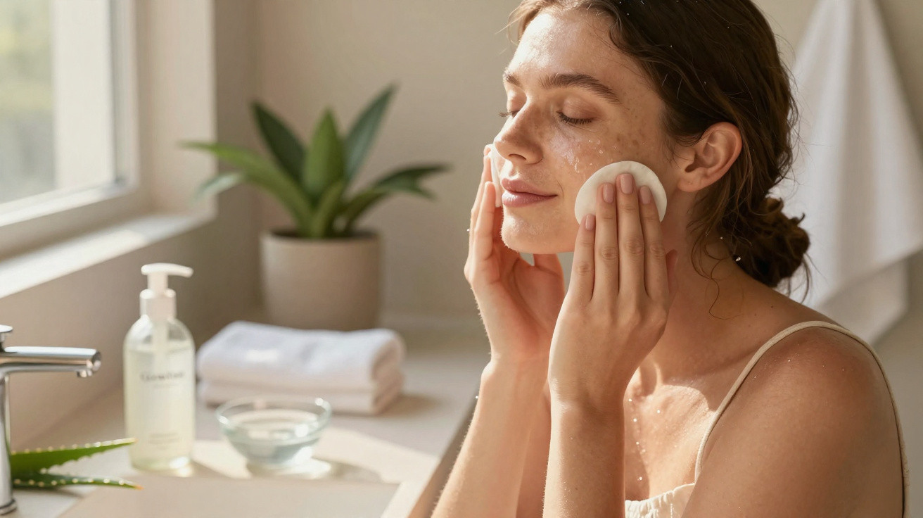 Mulher aplicando tônico facial com algodão em ambiente iluminado com produtos de cuidados na bancada.