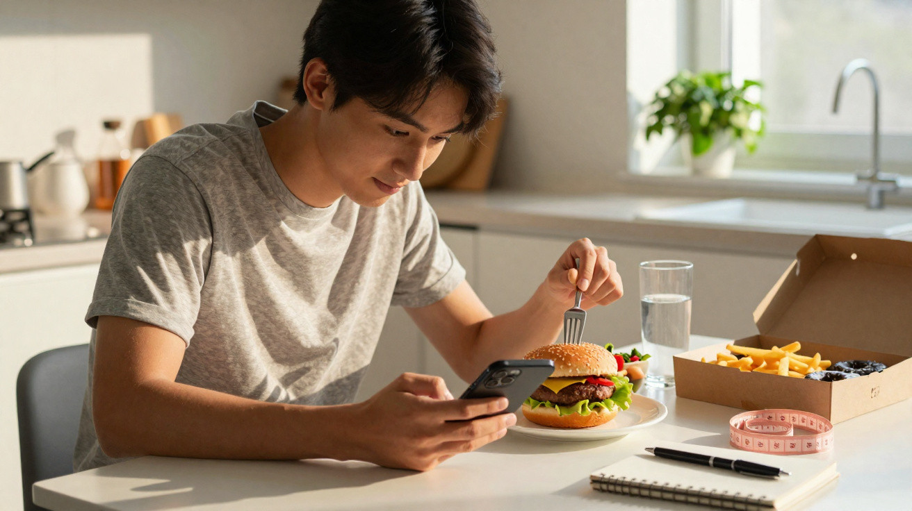 Jovem sentado à mesa com salada, refrigerante, doces e lanches, olhando para o celular na cozinha.