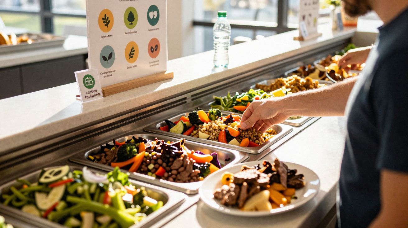 Pessoa servindo-se de salada em buffet de comida saudável com variedade de frutas e vegetais frescos.