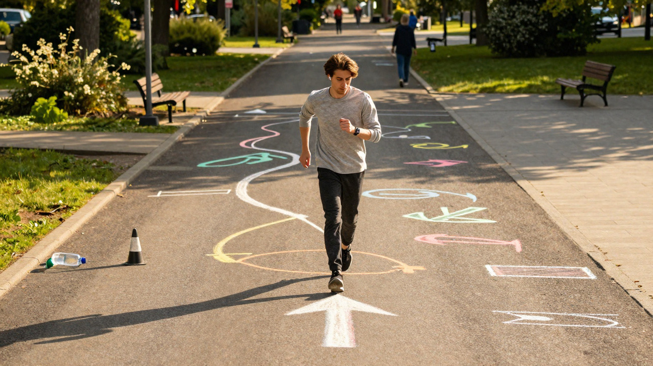 Jovem correndo em pista de asfalto decorada com desenhos coloridos feitos com giz.