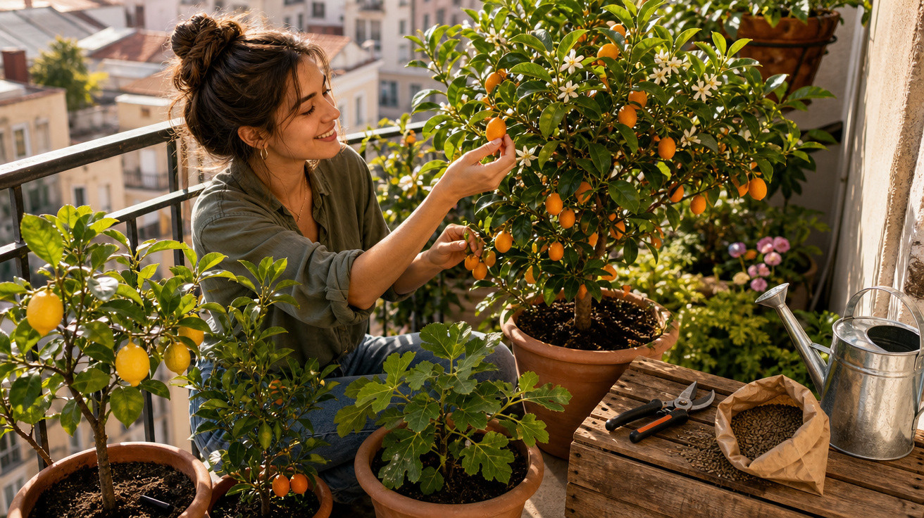 Mulher sorrindo colhendo frutas em plantações de vasos no terraço de apartamento urbano ensolarado.