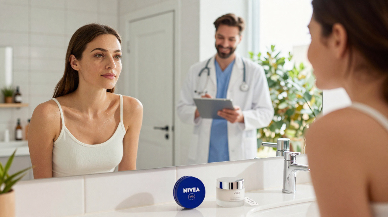 Mulher olhando no espelho com médico ao fundo e produtos de cuidados com a pele no banheiro.