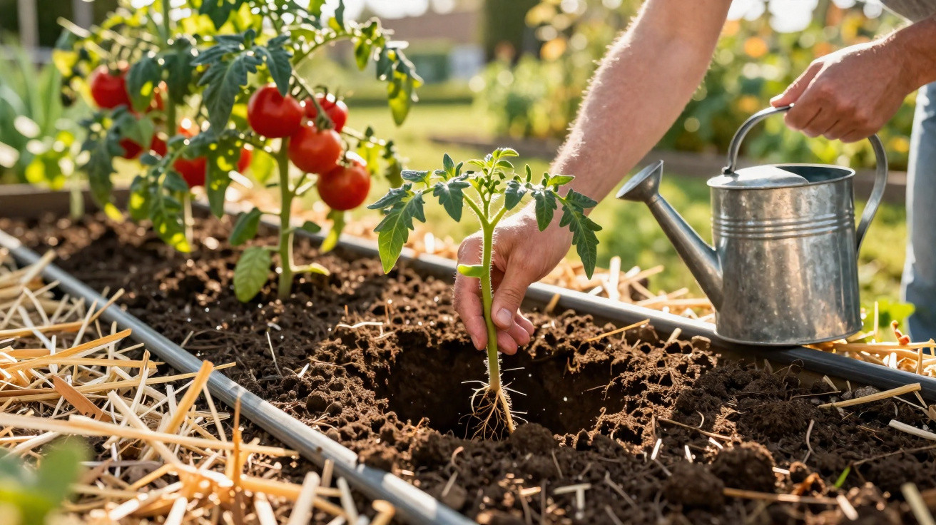 Pessoa plantando muda de tomate e regando em horta com tomateiros maduros ao fundo em dia ensolarado.