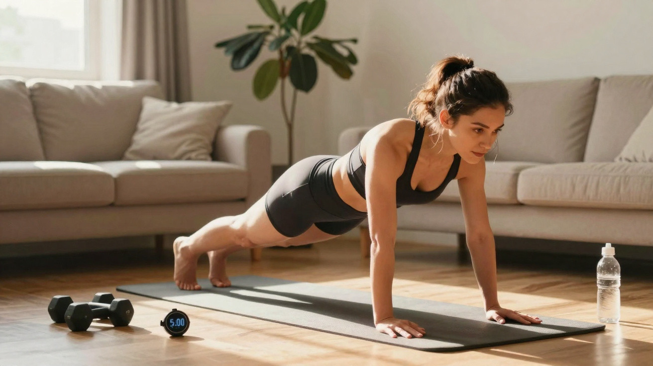 Mulher fazendo prancha em tapete de yoga na sala com halteres e garrafa de água ao lado.
