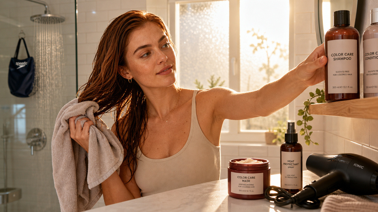 Mulher com cabelo molhado secando os fios com toalha em banheiro iluminado, ao lado de produtos para cabelo.