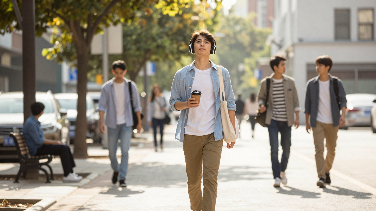 Jovem caminhando na rua com fones de ouvido e café, pessoas ao fundo em dia ensolarado na cidade.