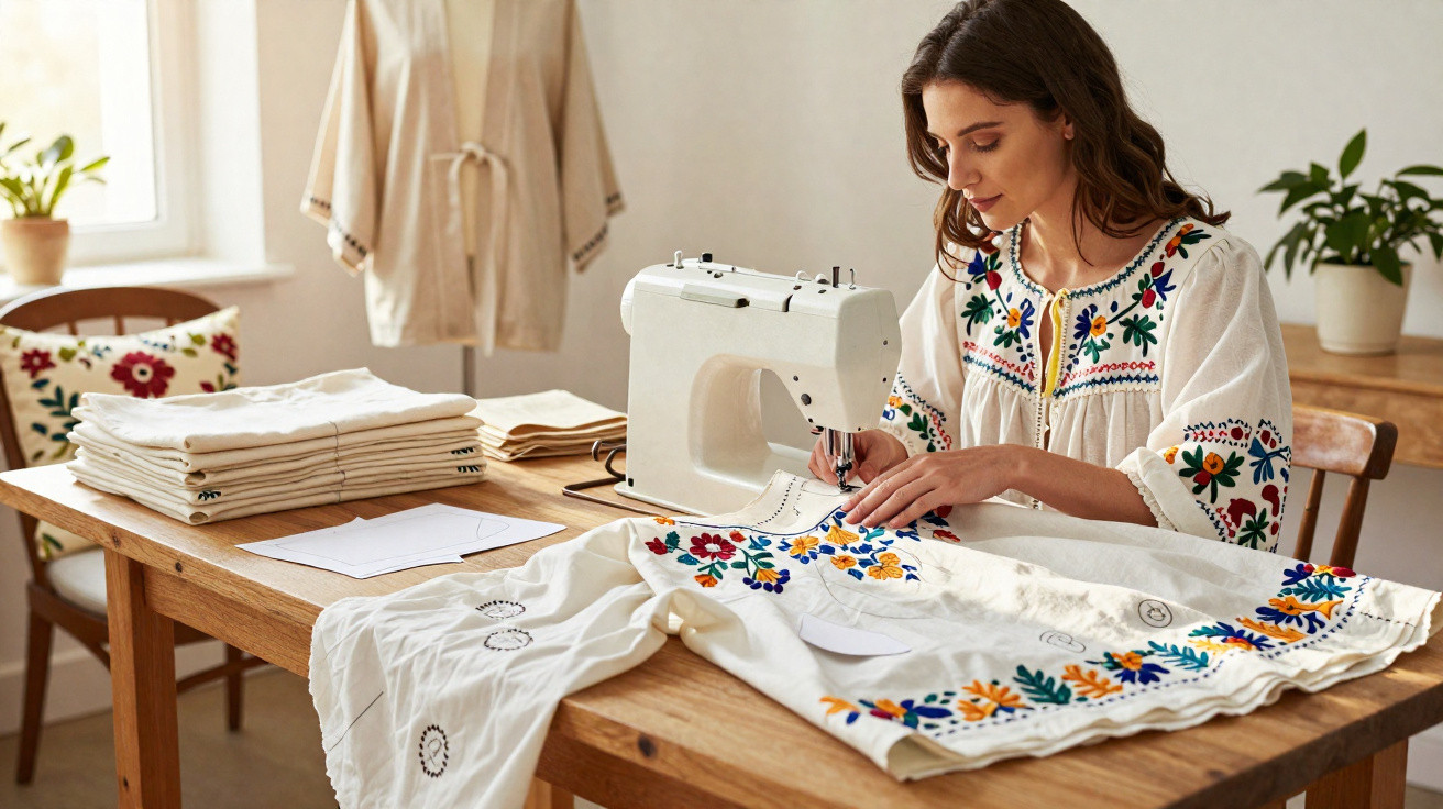 Mulher costurando vestido branco bordado com máquina de costura em mesa de madeira.