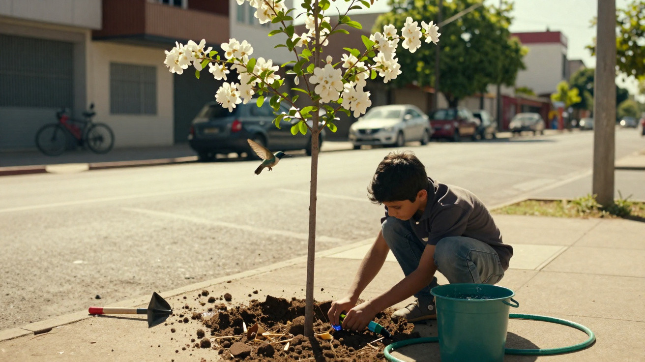 Menino plantando uma árvore com flores brancas na calçada, próximo a um balde verde e um pássaro voando.
