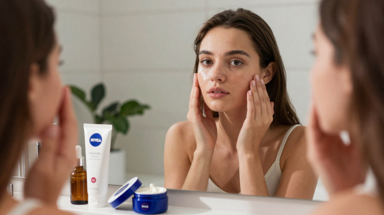 Mulher aplicando creme facial com esfoliante enquanto se olha no espelho do banheiro.