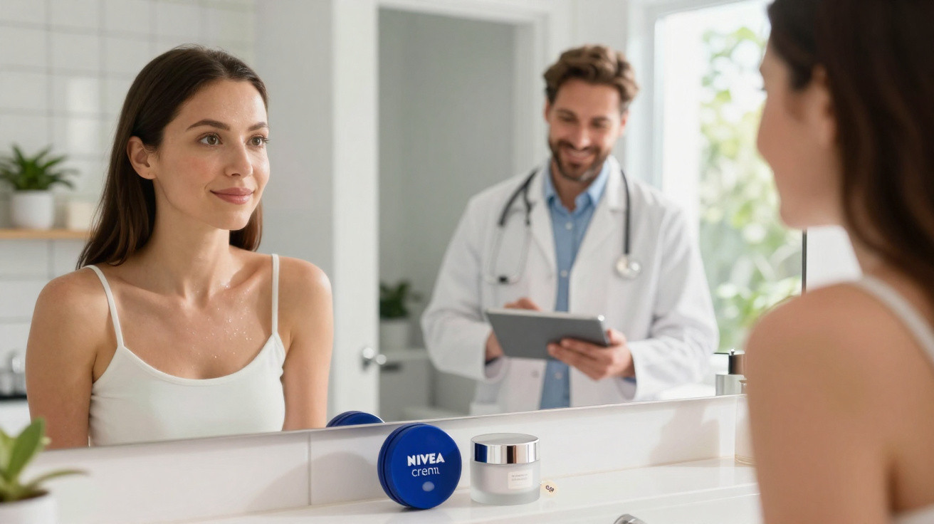 Mulher olhando no espelho com creme Nivea na pia e médico sorrindo ao fundo em consultório.
