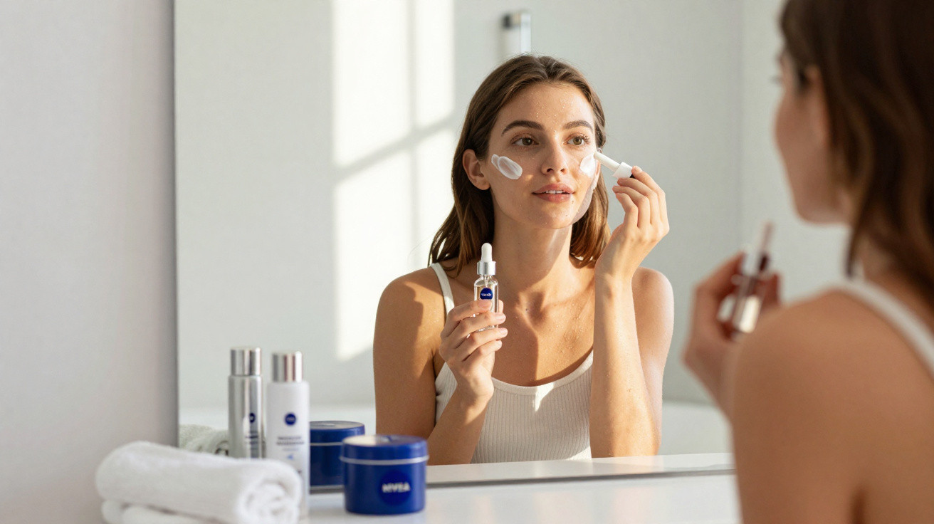 Mulher aplicando creme facial na pele do rosto em frente ao espelho em ambiente claro e organizado.