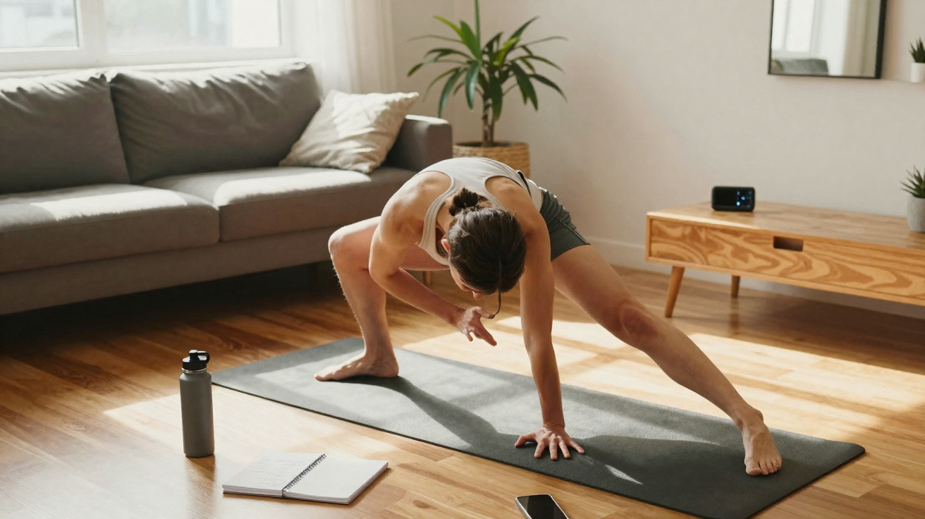 Mulher fazendo alongamento em tapete de yoga na sala de estar, com garrafa, caderno e celular no chão.