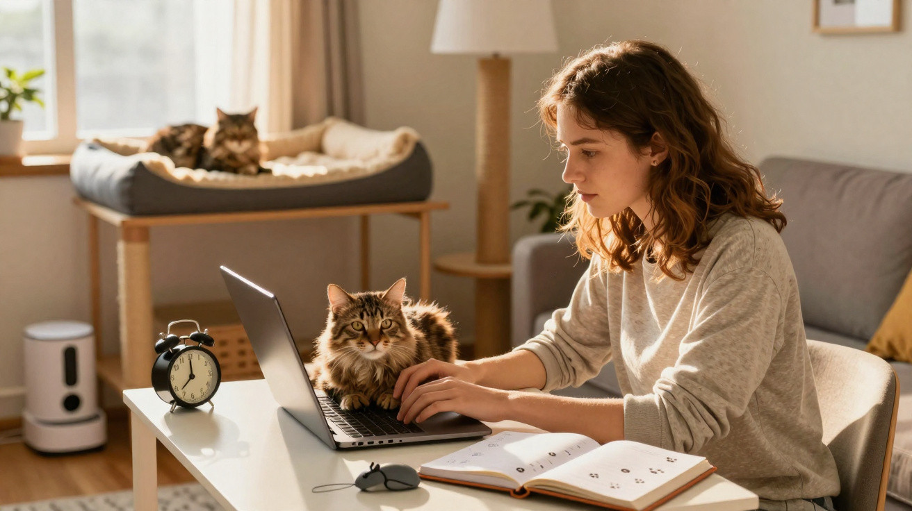 Mulher trabalhando no laptop com gato em cima da mesa e outro gato descansando em cama ao fundo.