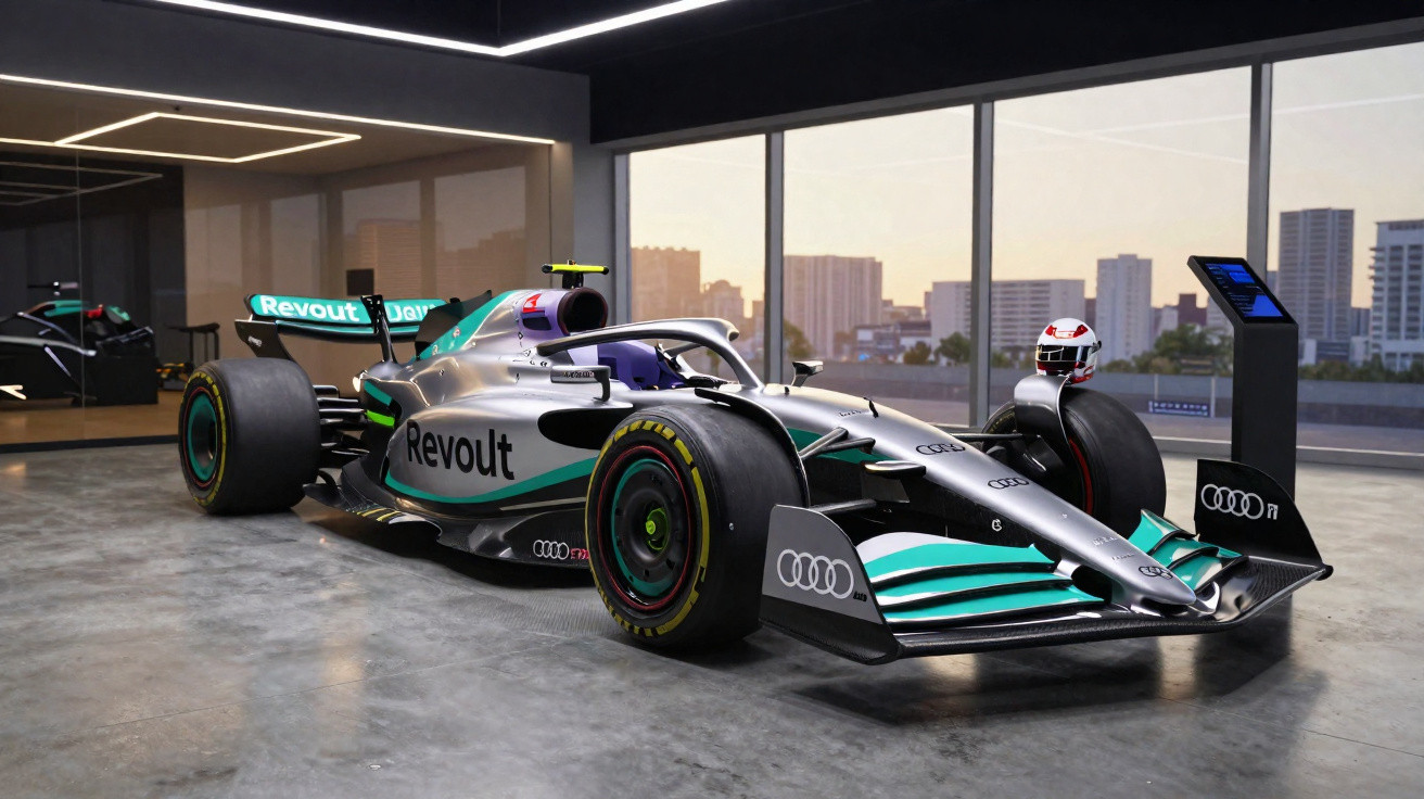 Carro de Fórmula 1 da Audi prata e verde com pneus slick em ambiente interno moderno.