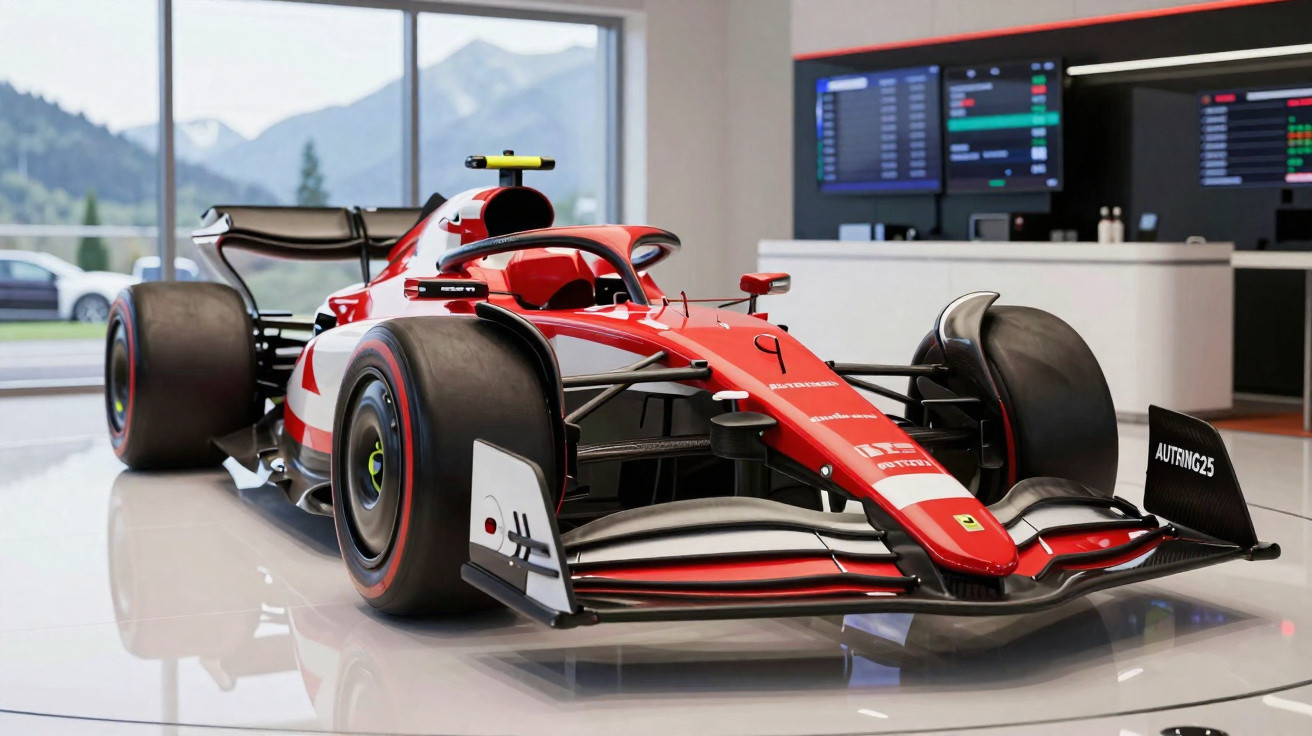 Carro de Fórmula 1 vermelho e branco exposto em showroom moderno com vista para montanhas ao fundo.