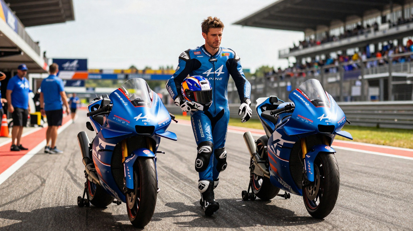 Piloto de moto azul com roupa de corrida e capacete andando na pista ao lado da motocicleta.