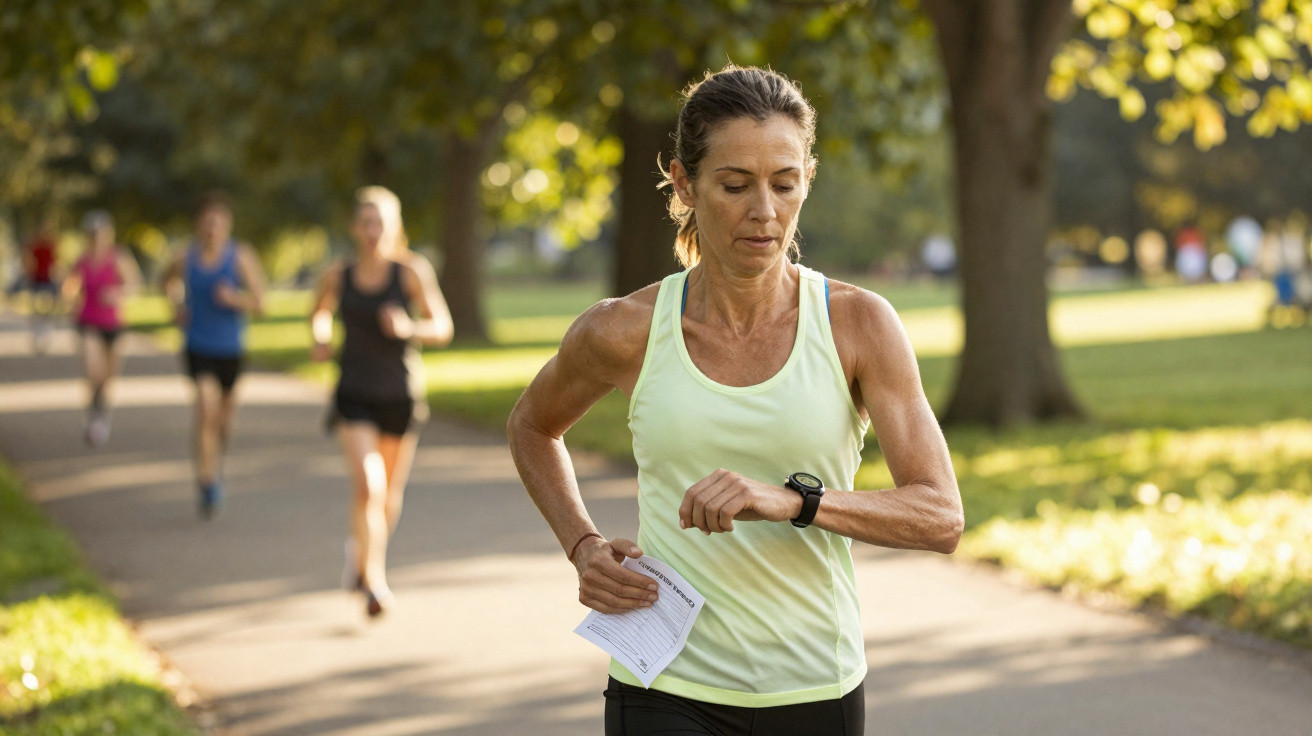 Mulher correndo em parque com roupa esportiva verde e relógio fitness, segurando papel, outros corredores ao fundo.