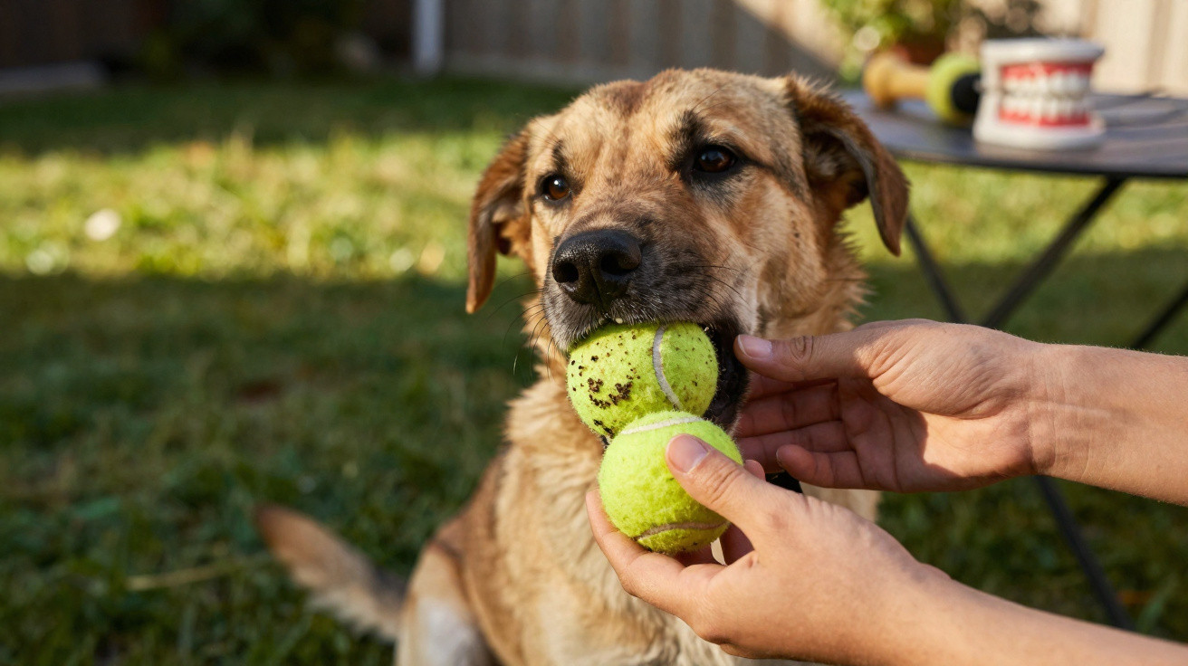 Cachorro segurando bola de tênis na boca enquanto pessoa oferece outra bola em jardim.
