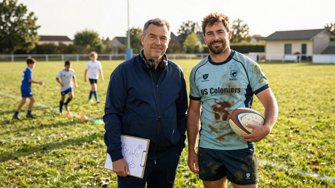 Dois homens, um treinador e um jogador, posam com uma bola de rugby em campo onde crianças treinam ao fundo.