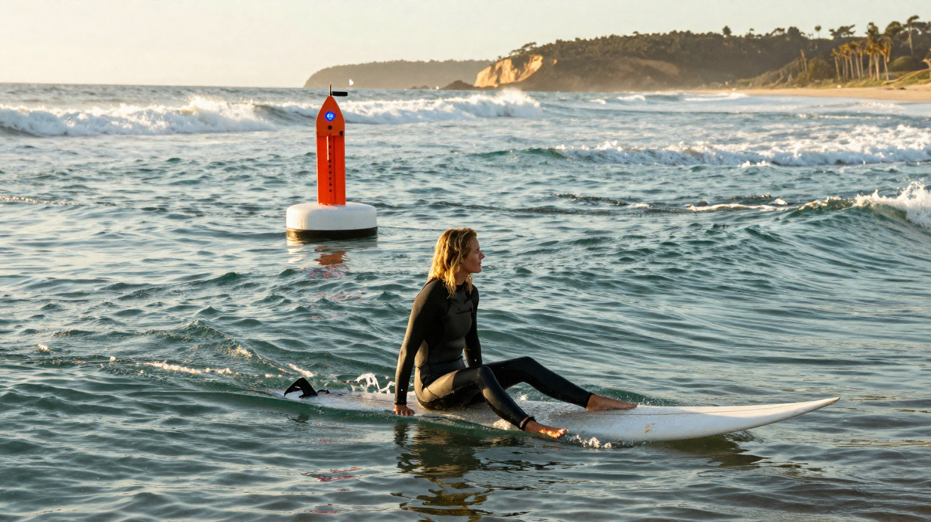 Surfista sentado em prancha de surfe no mar próximo a uma boia laranja durante o entardecer.