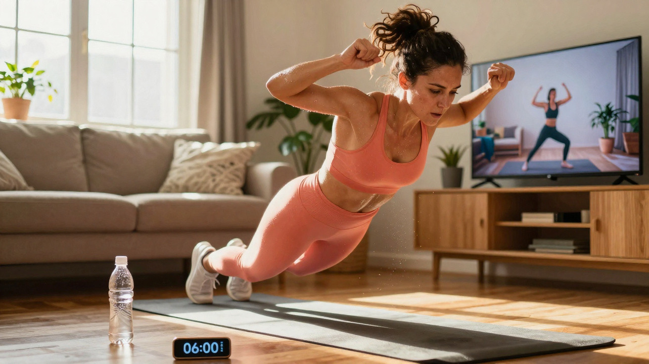 Mulher jovem praticando exercício físico em casa, saltando sobre tapete de yoga na sala com TV ao fundo.