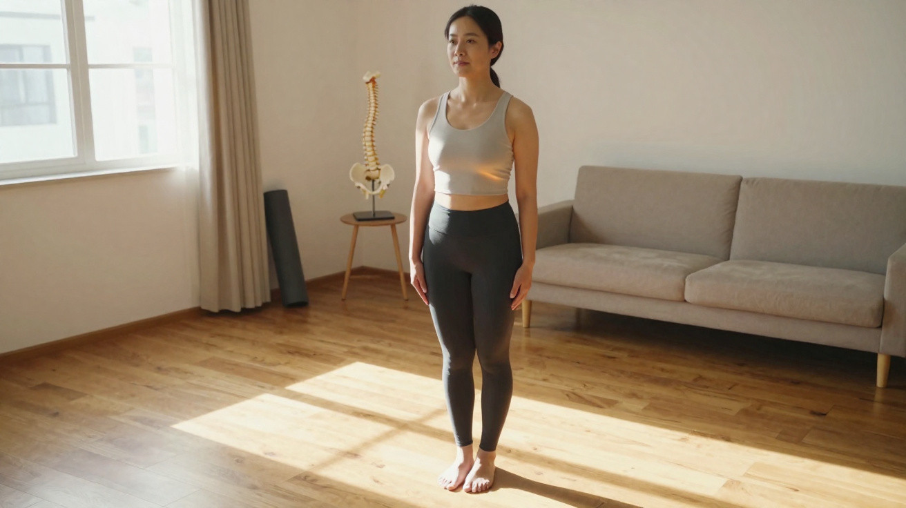 Mulher em roupa esportiva medita em pé em sala iluminada, com sofá e modelo anatômico de coluna ao fundo.
