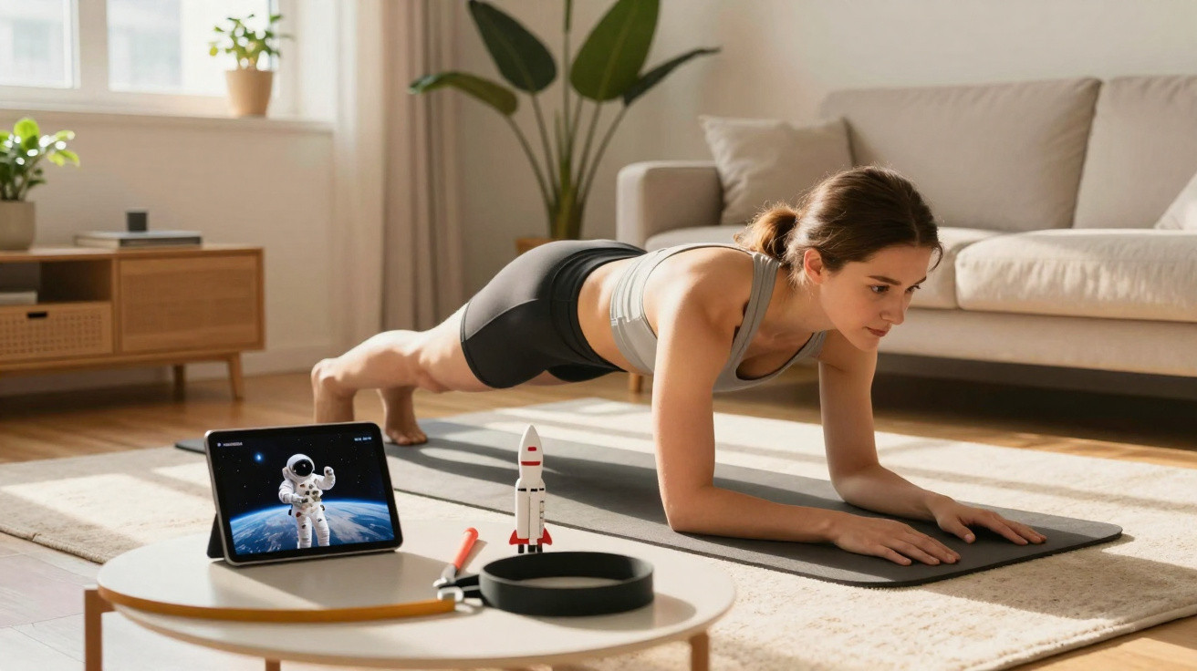 Mulher fazendo prancha em tapete na sala com tablet, foguete de brinquedo e yoga ring ao lado.