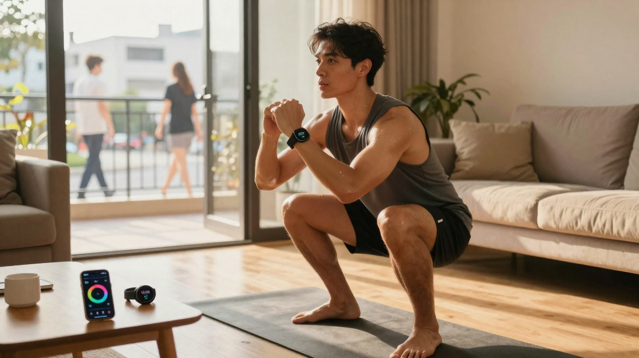 Homem fazendo agachamento em tapete de yoga na sala, com monitor de treino ao lado.