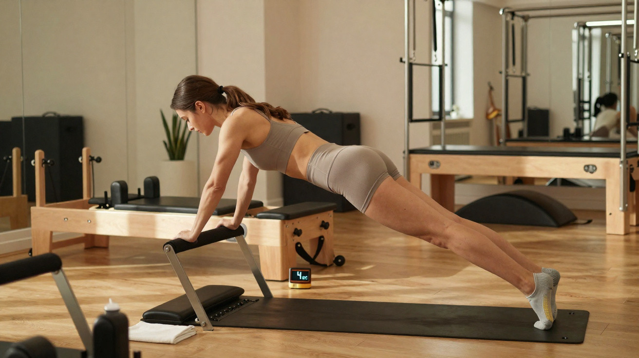 Mulher praticando exercício de alongamento em aparelho de Pilates em estúdio iluminado.
