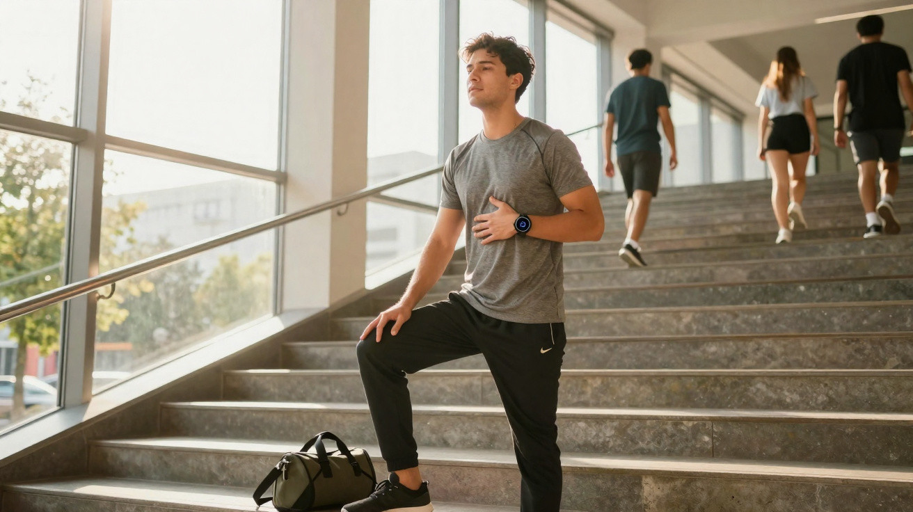 Jovem em roupas esportivas faz alongamento na escada de ambiente com luz natural e outras pessoas ao fundo.