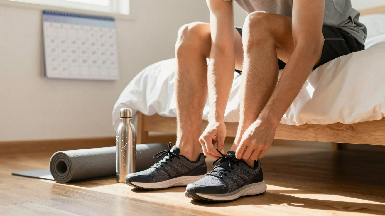 Pessoa sentada na cama amarrando tênis com garrafa de água e tapete de yoga no chão de madeira.