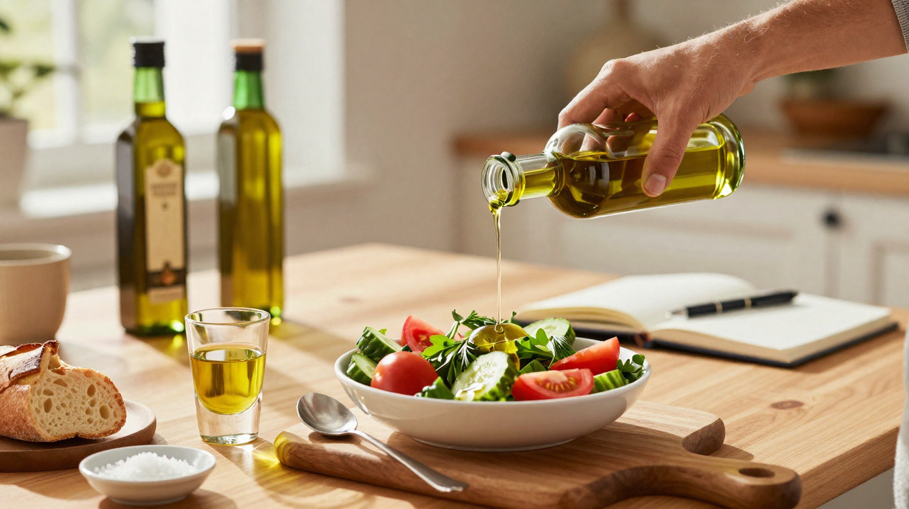 Mão derramando azeite em salada com tomates, pepino e pão sobre mesa de madeira clara.