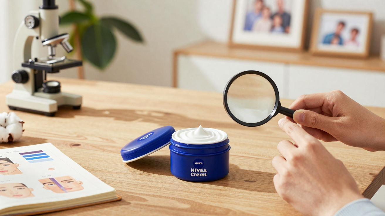 Pote aberto de creme Nivea com mão segurando lupa observando textura do produto sobre mesa de madeira.