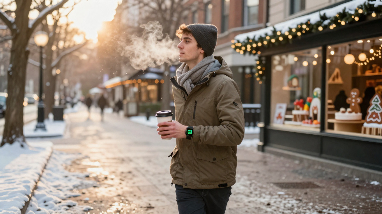 Jovem vestindo casaco e gorro, segurando café em copo descartável, em rua com neve e decoração natalina.