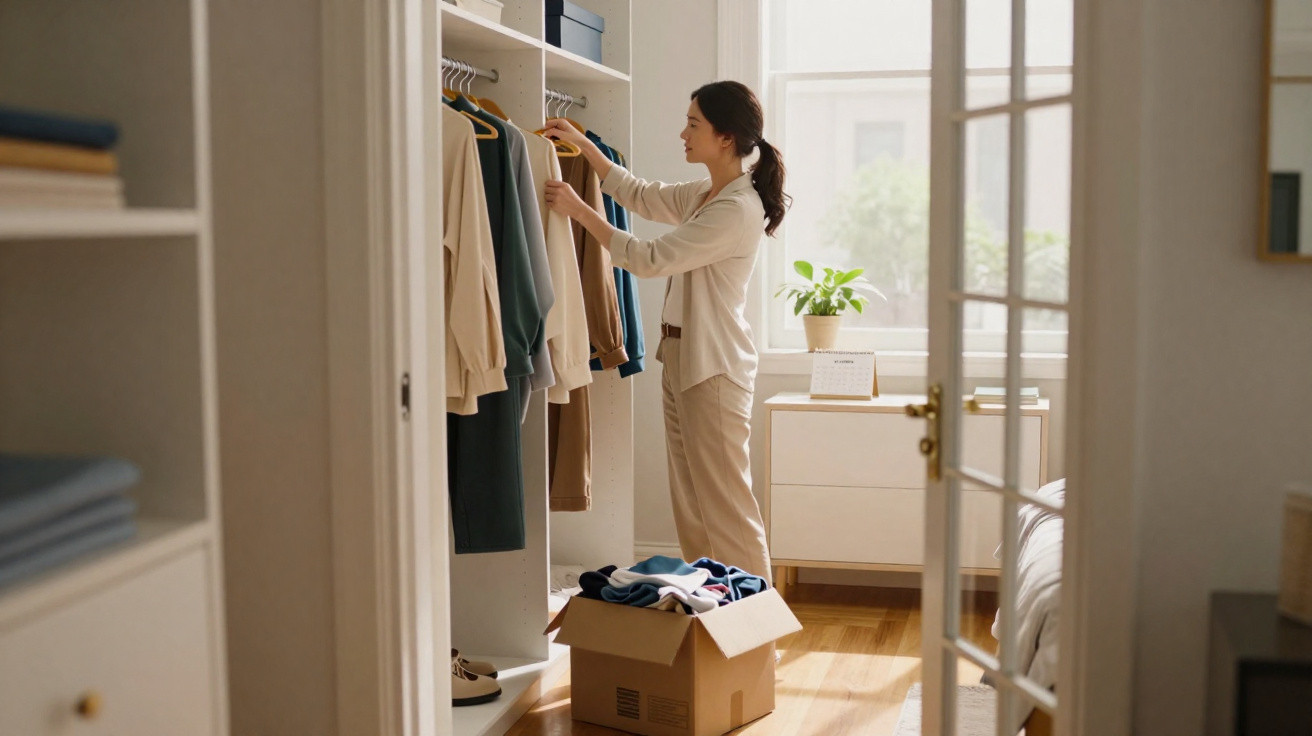 Mulher organizando roupas em cabideiro dentro de closet com caixa de papelão no chão.