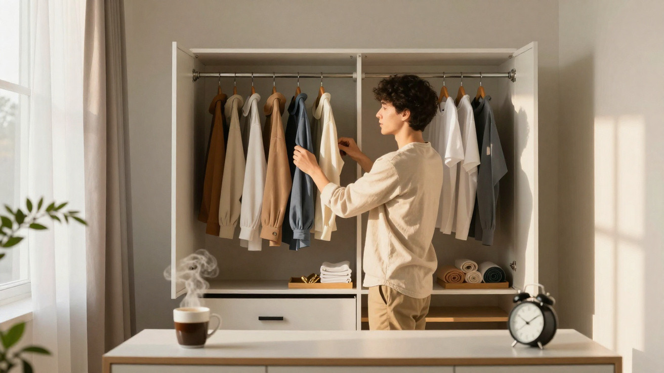 Pessoa organizando camisas penduradas em armário aberto em quarto bem iluminado com decoração minimalista.